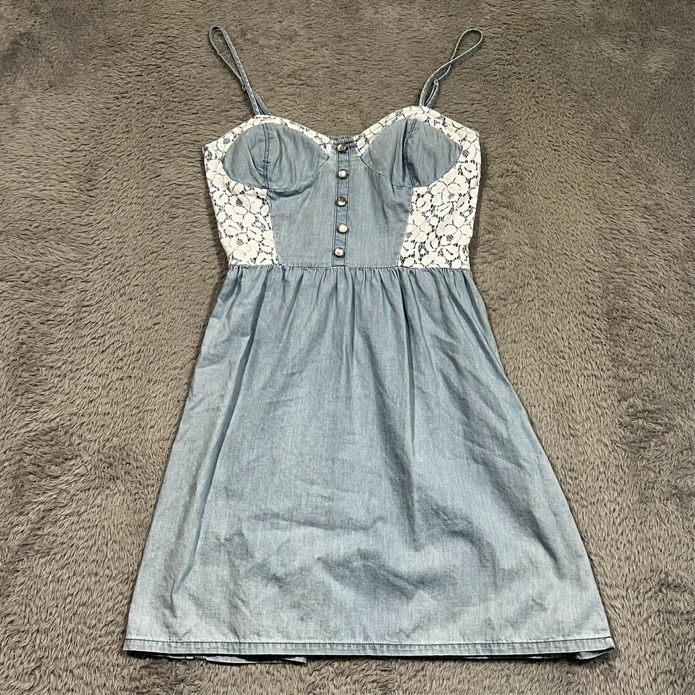 Red Tulips Babydoll Sweetheart Mini Dress Blue Lace‎ Trim Women's Medium